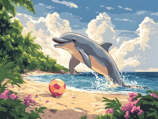 A Playful Dolphin Frolicking in a Vibrant Tropical Seascape