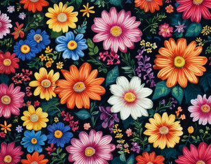 Fototapeta premium Bright floral print on a black background, a drawing of colored flowers, top view