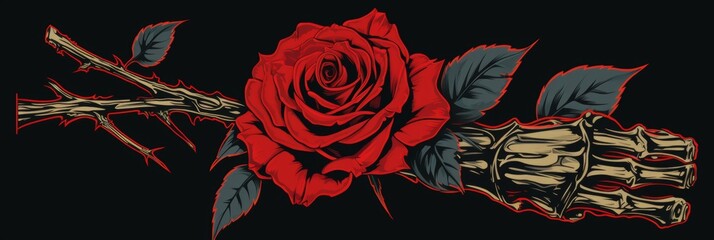 Extended arm holding a red rose  simplified skeleton contours for artistic representation