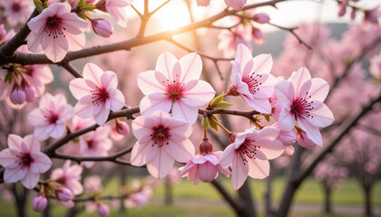 Obraz premium Cherry blossoms blooming in springtime sunlight 