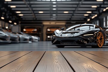 Showcase of luxury supercars modern garage photography interior close-up empty light wooden table