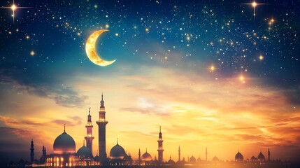 Naklejka premium Night Sky Ramadan Background with Crescent Moon and star on beautiful Dramatic Twilight sky with copy Space for edit text in Eid al Adha, Eid al fitr, Mubarak Holy month, Islamic New Year Festival