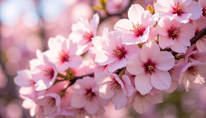 Fototapeta premium Close-up of cherry blossoms in full bloom during spring 