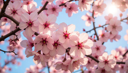 Obraz premium Cherry blossom branch with pink flowers against blue sky 