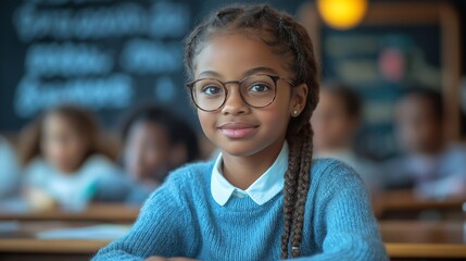 A young Black girl with braided hair and glasses sitting in a brightly lit classroom, attentively learning and writing at her desk, ideal for education and back-to-school themes