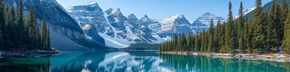 Fototapeta premium Serene mountain landscape reflecting in a tranquil lake surrounded by lush forests.