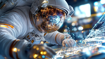 Astronaut engages with advanced technology during space mission in a futuristic environment