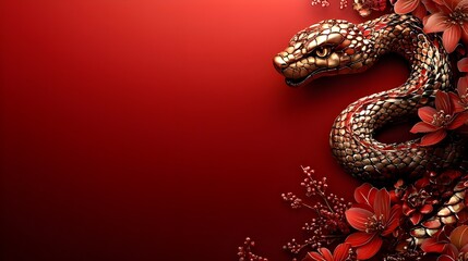 Obraz premium golden snake on red background close up of a gold white snake in red background for card celebration Lunar Festive Zodiac in Gold Linework