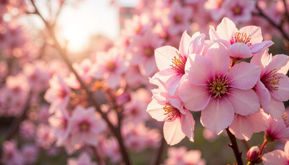 Obraz premium Cherry blossom branch with pink flowers in soft sunlight 