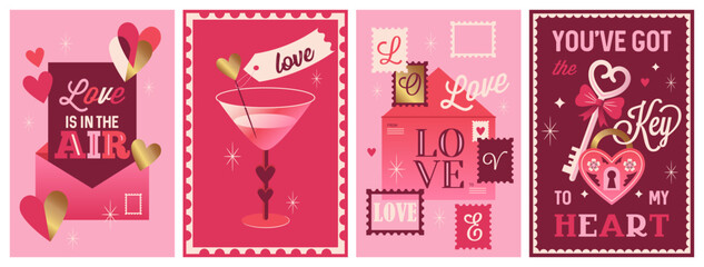 Valentine's day retro nostalgic poster design set. Template for greeting cards, banner, social media and sale marketing