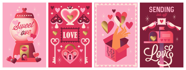 Valentine's day retro nostalgic poster design set. Template for greeting cards, banner, social media and sale marketing