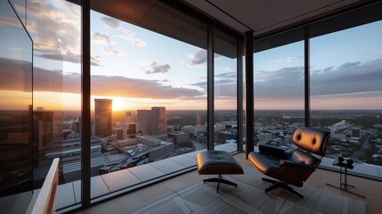 Fototapeta premium Admiring urban elegance sunset from a high-rise apartment