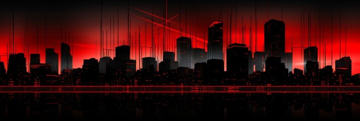 Dynamic skyscraper silhouettes  bold horizontal lines in contrasting black and red shades