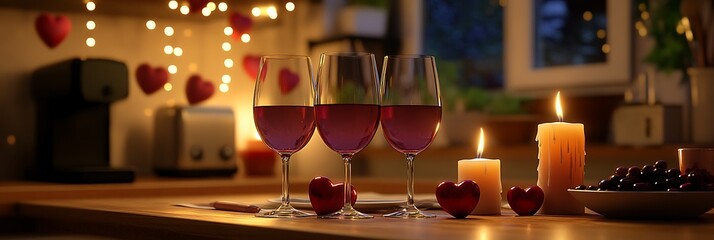 Soft glowing lights candles and wine glasses set a romantic tone for a cozy Valentine's dinner in the kitchen