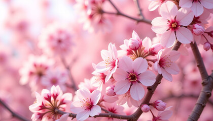 Fototapeta premium Cherry blossoms in full bloom on a tree branch with soft pink hues 