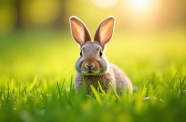 Fototapeta premium Brown rabbit sitting on fresh green grass in sunlight, symbolizing springtime and Easter, with a blurred natural background