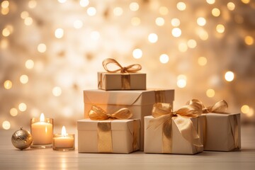 Warm and cozy scene  sunbeams illuminate presents by the fireplace in beige and brown tones