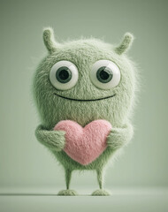 A felted green monster with big, happy eyes, holding a pink heart on a grunge-style background. Valentine&rsquo;s Day greeting card.