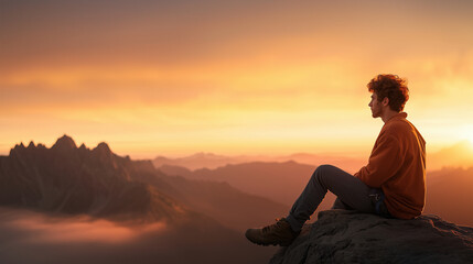Young Man at Cliff Edge Watching Beautiful Sunrise Landscape
