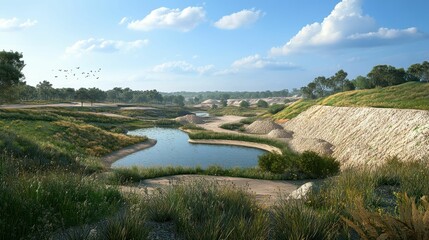 Obraz premium Serene landscape: water, hills, vegetation, sunny sky, birds.