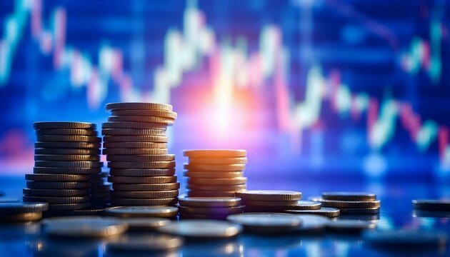 Stacks of coins against blurred stock market chart background. Financial investment concept. Money growth and wealth management. Business and economy trends visualization