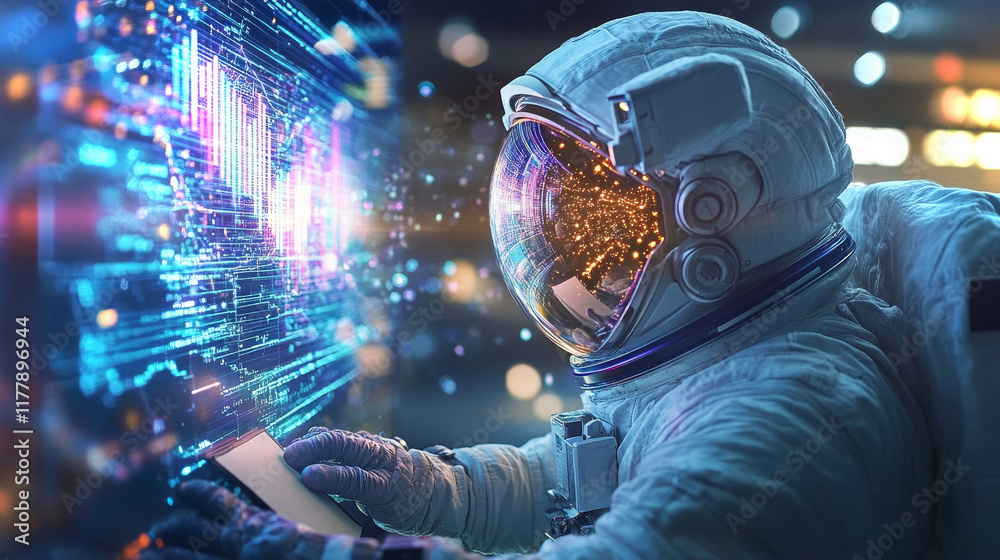 Poster astronaut analyzing data on a computer in space with vibrant digital visuals