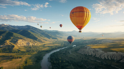 Obraz premium Breathtaking hot air balloon journey over scenic mountains and river