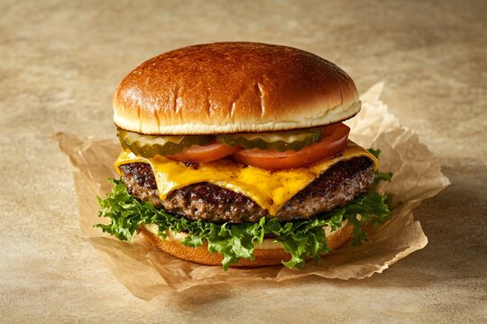 Classic Cheeseburger with Fresh Vegetables on Rustic Brown Paper Background - Powered by Adobe