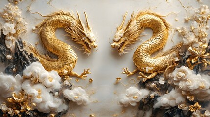 Fototapeta premium Golden dragon sculptures, symbols of ancient Chinese culture, adorn beach sand and stones