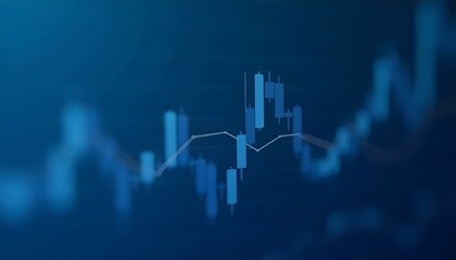 Blue candlestick chart showing stock market fluctuations. Financial graph with price bars and trend lines. Business analytics and investment concept on dark background