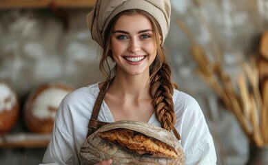 A young baker stands in a rustic kitchen, proudly displaying a loaf of freshly baked bread. Her warm smile and approachable demeanor create a welcoming atmosphere, accentuated by earthy tones.