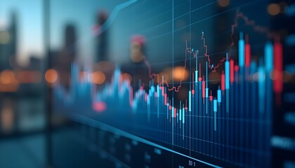 Stock market chart with candlestick graph on city background. Financial analysis, trading concept. Business data visualization for investment strategy and economic trends
