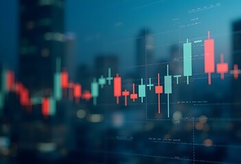 Stock market chart with red and green candlesticks on blue background. Financial data analysis. Investment and trading concept for business and finance