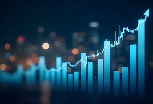 Blue stock market chart showing upward trend. Financial graph with rising arrow on dark background. Business growth concept for investment analysis and economic forecast