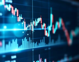 Financial market chart on digital screen. Stock exchange graph with red and blue candlesticks. Trading data analysis for investment and economy concept
