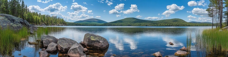 Obraz premium A serene lake surrounded by mountains and trees under a bright blue sky with fluffy clouds.