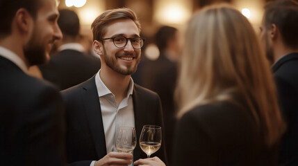 Networking event upscale venue people socializing evening candid