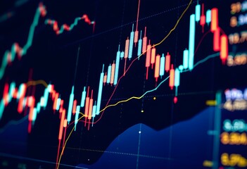 Colorful stock market chart on dark background. Financial graph with candlestick patterns. Trading data visualization for investment analysis and decision making