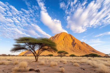 Fototapeta premium Stunning Spitzkoppe mountain in Namibia glowing with golden light at sunset, surrounded by rocky terrain and sparse vegetation