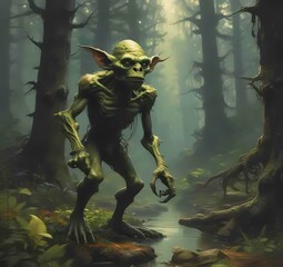 Fototapeta premium Illustration of goblin in wild forest.