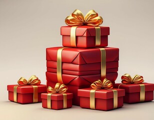 Obraz premium a 3d render featuring a stack of red gift boxes tied with golden ribbons isolated on a white background perfect for holiday and festive designs