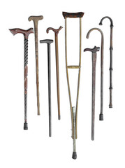 wooden crutch and walking sticks isolated on white background