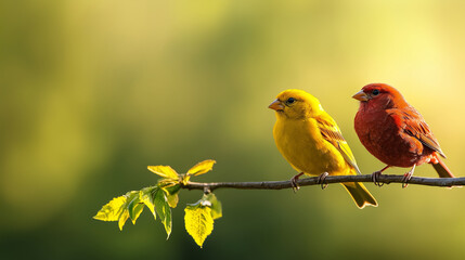 Obraz premium Colorful Birds on Branch with Soft Greenery Background