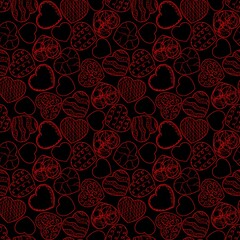 Hand drawn seamless pattern stylized red hearts on black background illustrations with unique patterns including squiggly lines, swirls, florals, lattices. Hand drawing in a minimalist style.
