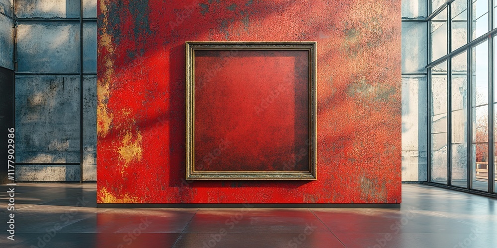 Wall mural empty frame on a textured red wall in a modern gallery filled with natural light