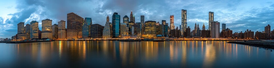 Fototapeta premium A panoramic view of a city skyline at dusk, reflecting lights on water.