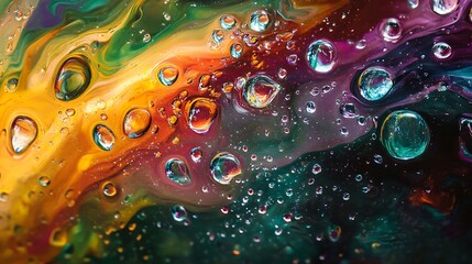 Abstract colorful liquid art with water droplets.