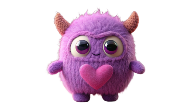 Purple knitted monster holding a heart, isolated on a transparent background