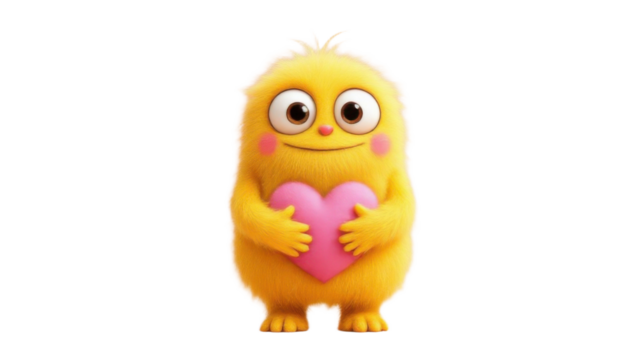 Yellow fluffy monster holding a heart, isolated on a transparent background