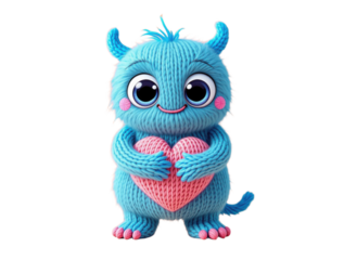 Blue knitted monster holding a heart, isolated on a transparent background